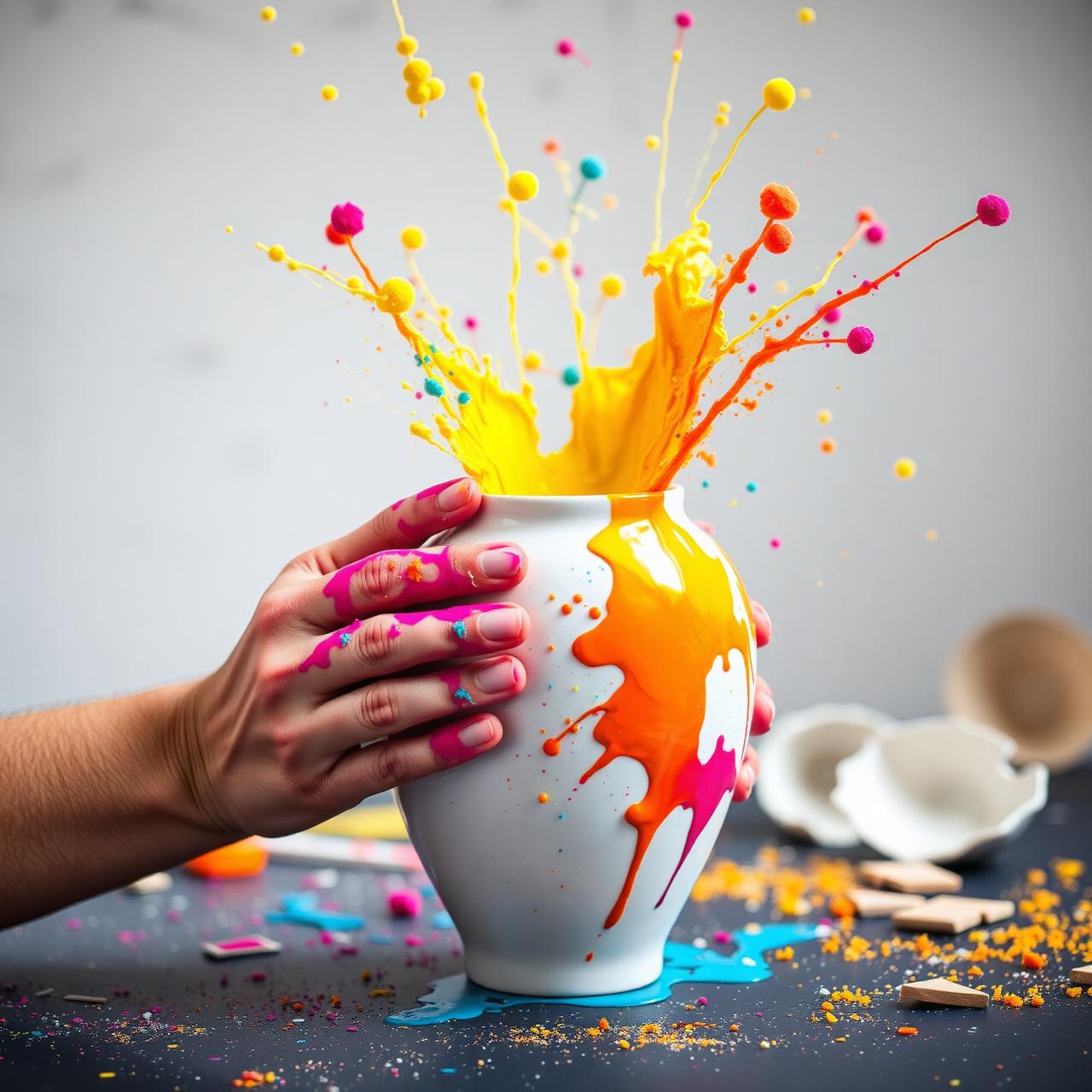Hands painting a ceramic vase with bright magenta, yellow and cyan paint splattering